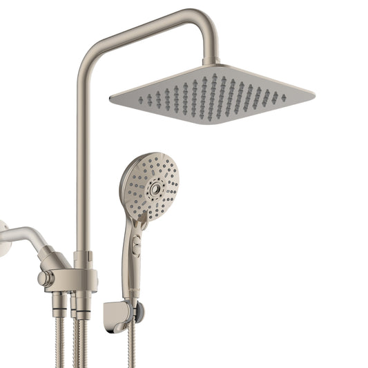 8-Inch RYAMEN Dual Shower Head Combo, Brushed Nickel 8'' High Pressure Rain/Rainfall Shower Head 2.5 GPM (Besides California),5 Settings Adjustable Handheld Showers,with 15" Height Adjustable Slide Bar,Holder/59’‘ Hose