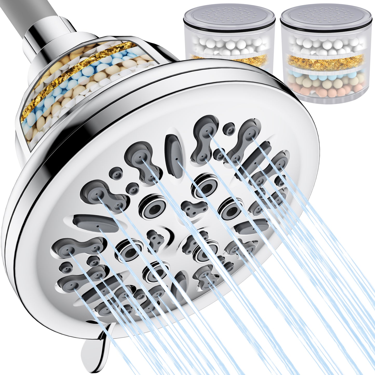 Shower Head, 5.5" Fixed High-Pressure Rain/Rainfall Filtered Shower Head for hard water, 6 Settings Water Softener Showerhead with Filter, Remove Chlorine and Heavy Metals