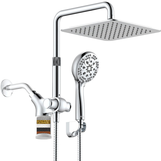 10-Inch RYAMEN Upgraded Dual Shower Heads Combo, 10 inch Filtered Shower Head with Handheld, 3-Way Rain Shower Head with Filters 2.5 GPM (Except California), 7 Settings Handheld Spray, High Pressure, Height Adjustable (Black)/(Chrome Silver)