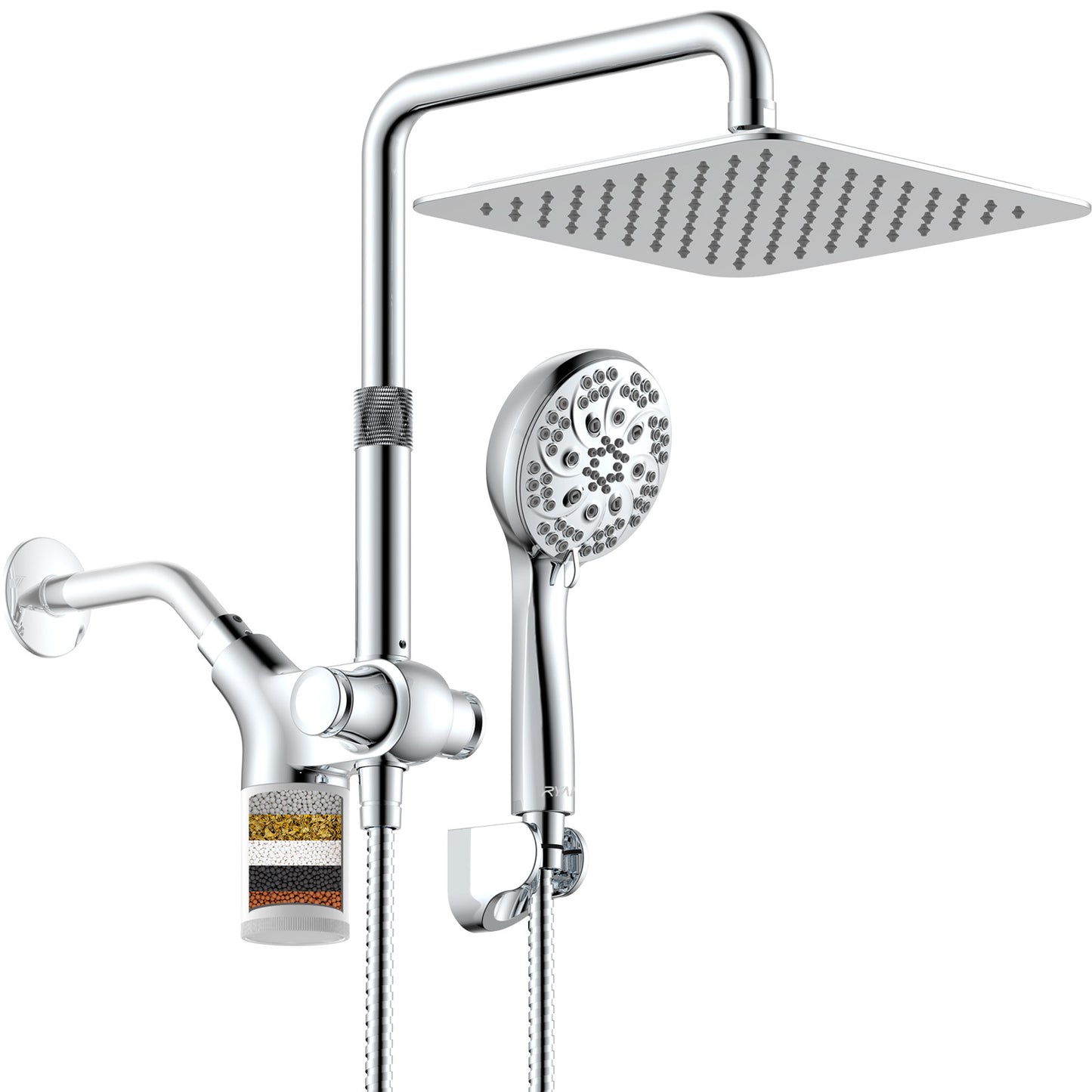 RYAMEN Upgraded Dual Shower Heads Combo, 10 inch Filtered Shower Head with Handheld, 3-Way Rain Shower Head with Filters 2.5 GPM (Except California), 7 Settings Handheld Spray, High Pressure, Height Adjustable (Black)/(Chrome Silver)