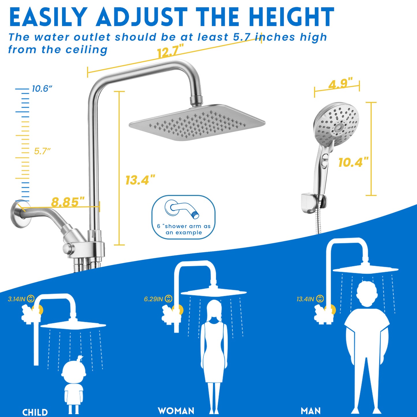 8-Inch RYAMEN Dual Shower Head Combo, 8'' High Pressure Rain/Rainfall Shower Head 2.5 GPM  (Except California),5 Settings Adjustable Handheld Showers,with 15" Height Adjustable Slide Bar,Holder/Hose, Angle Adjustable, Chrome
