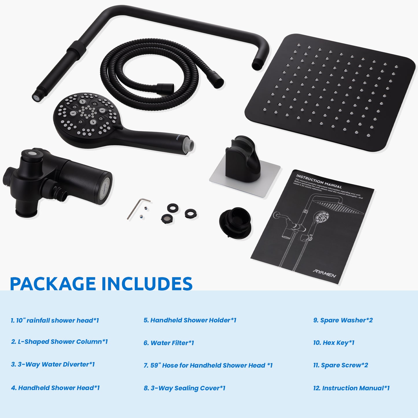 RYAMEN Upgraded Dual Shower Heads Combo, 10 inch Filtered Shower Head with Handheld, 3-Way Rain Shower Head with Filters 2.5 GPM (Except California), 7 Settings Handheld Spray, High Pressure, Height Adjustable (Black)/(Chrome Silver)