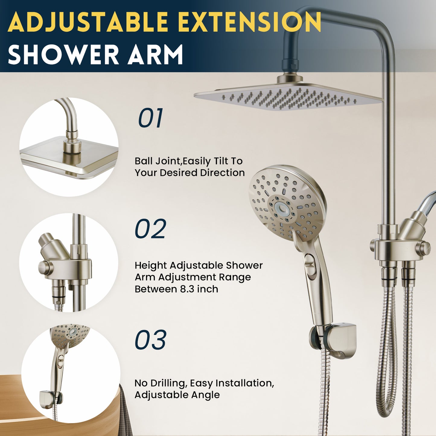 8-Inch RYAMEN Dual Shower Head Combo, Brushed Nickel 8'' High Pressure Rain/Rainfall Shower Head 2.5 GPM (Besides California),5 Settings Adjustable Handheld Showers,with 15" Height Adjustable Slide Bar,Holder/59’‘ Hose