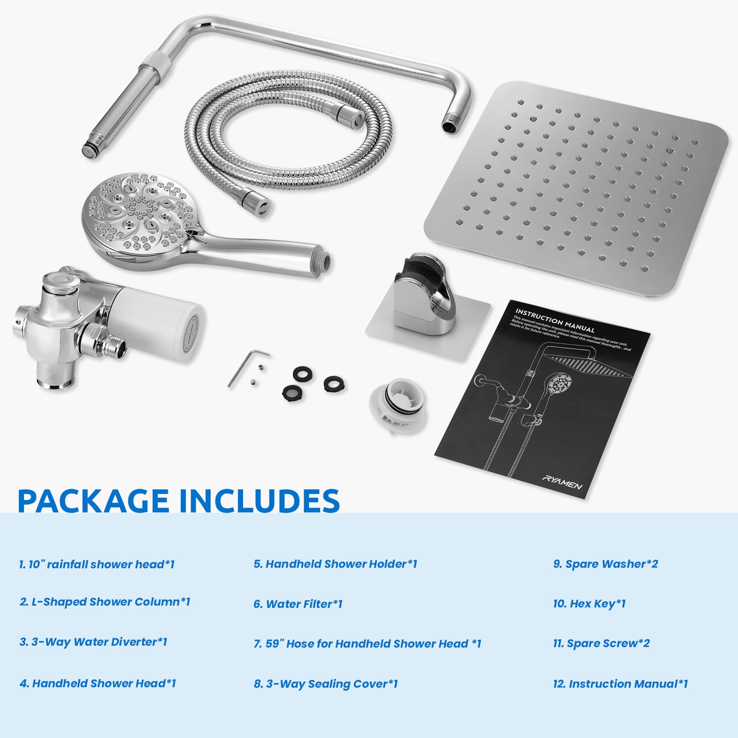 10-Inch RYAMEN Upgraded Dual Shower Heads Combo, 10 inch Filtered Shower Head with Handheld, 3-Way Rain Shower Head with Filters 2.5 GPM (Except California), 7 Settings Handheld Spray, High Pressure, Height Adjustable (Black)/(Chrome Silver)