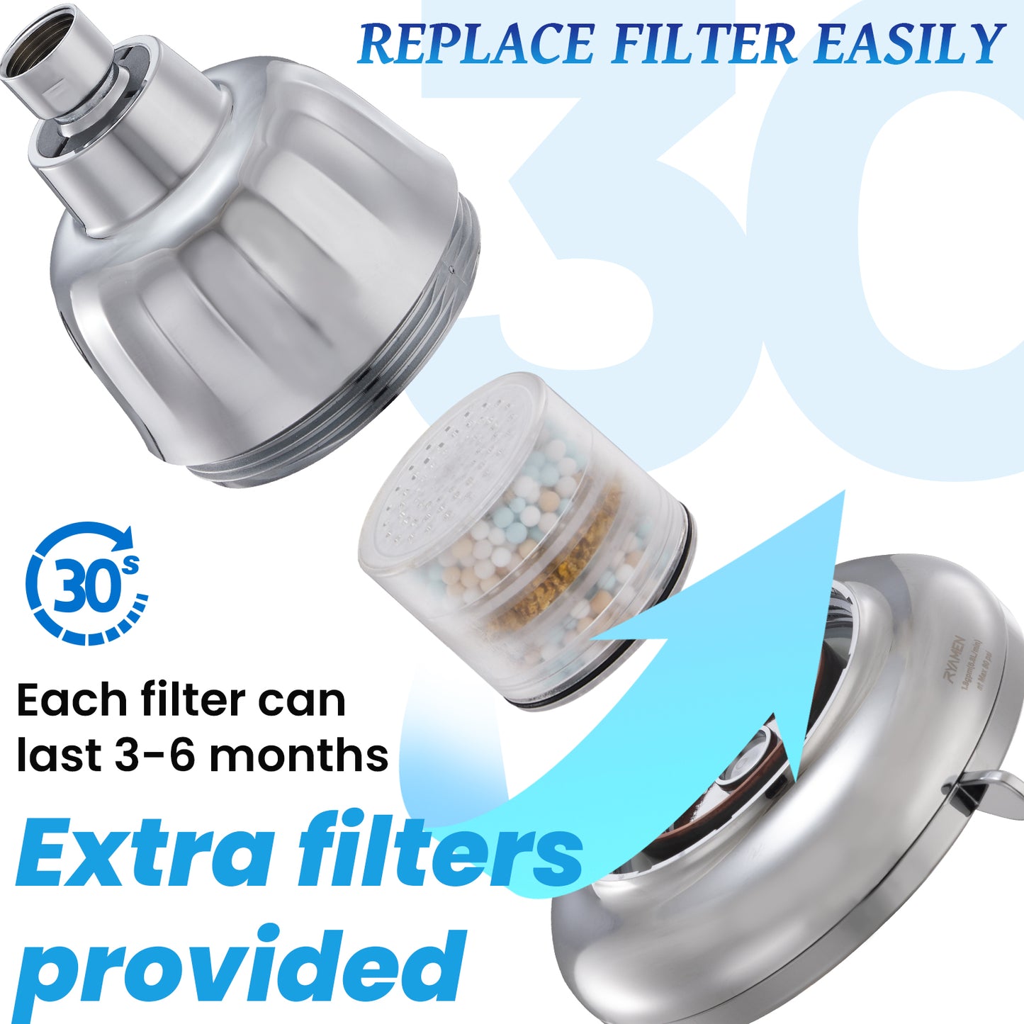 Shower Head, 5.5" Fixed High-Pressure Rain/Rainfall Filtered Shower Head for hard water, 6 Settings Water Softener Showerhead with Filter, Remove Chlorine and Heavy Metals