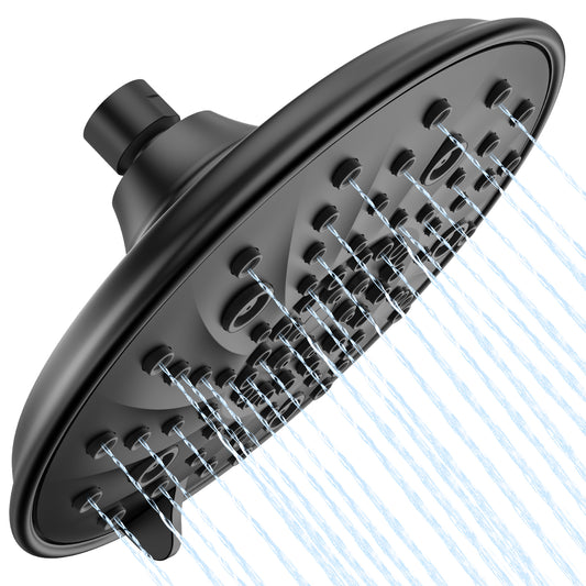 Shower Head 8-Inch, High Pressure Large Rain  Shower Head with 7 Spray Settings, Fixed Shower Head with 1-Min Installation, Full Coverage Flame Plating, Easy to Clean, Black