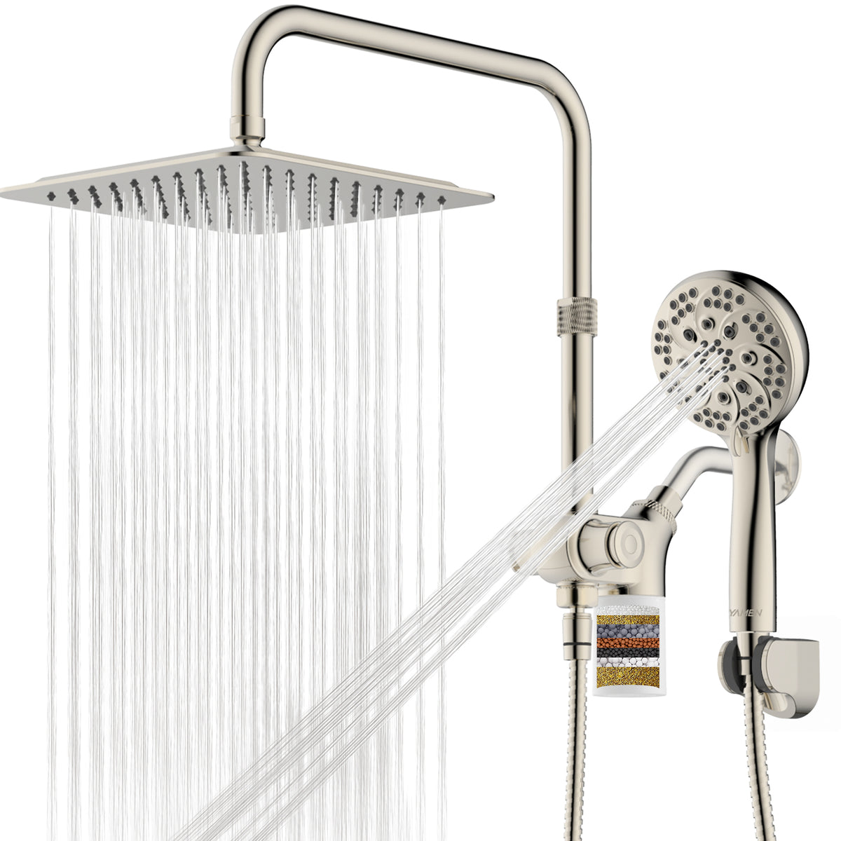 10-Inch RYAMEN Upgraded Dual Shower Heads Combo, 10 inch Filtered Shower Head with Handheld, 3-Way Rain Shower Head with Filters 2.5 GPM (Except California), 7 Settings Handheld Spray, High Pressure, Height Adjustable (Black)/(Chrome Silver)