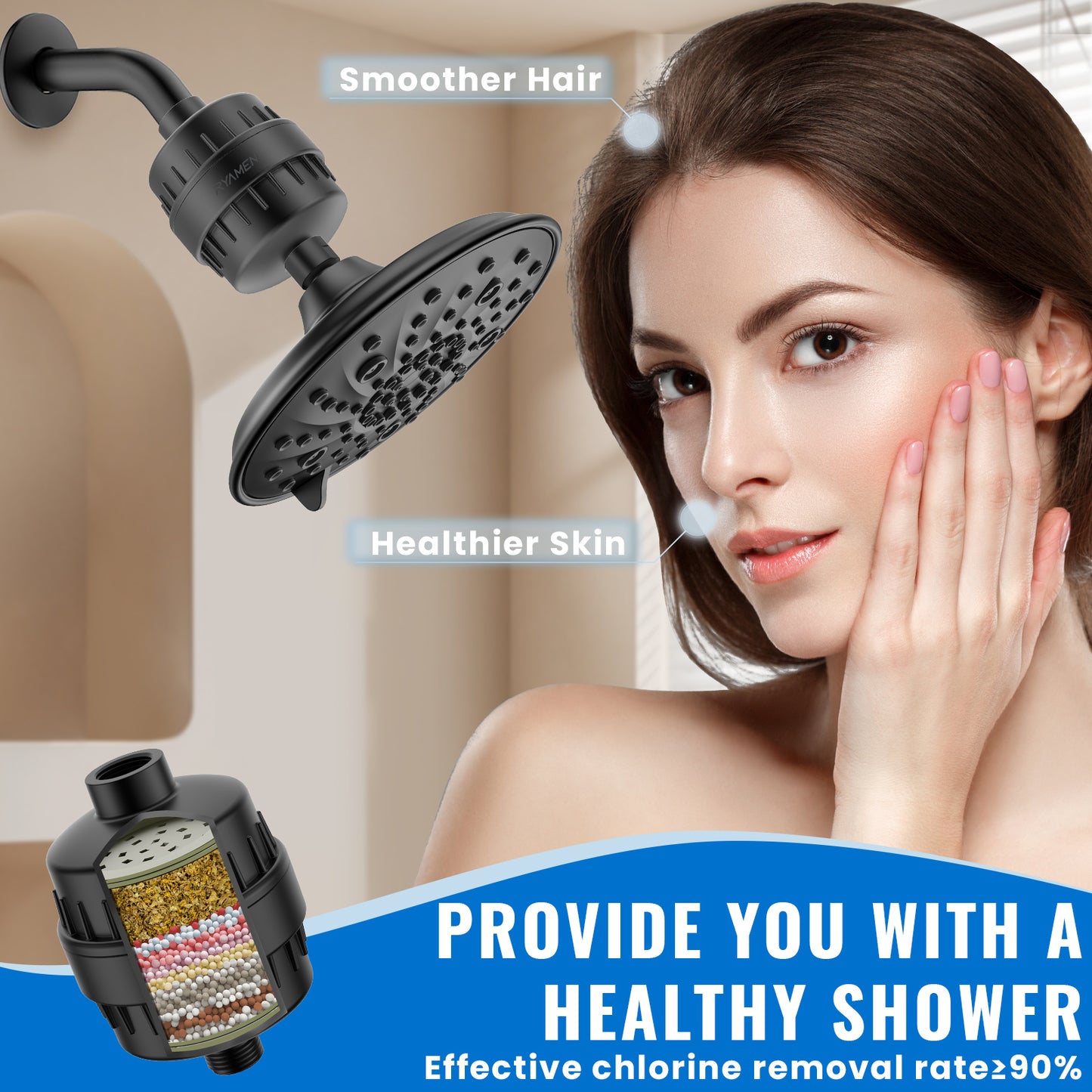 Shower Head Filter for Hard Water 20-Stage, Remove Heavy Metals, Chlorine & More – High Output, Enhanced Filtration for Healthier Skin and Hair (Black)