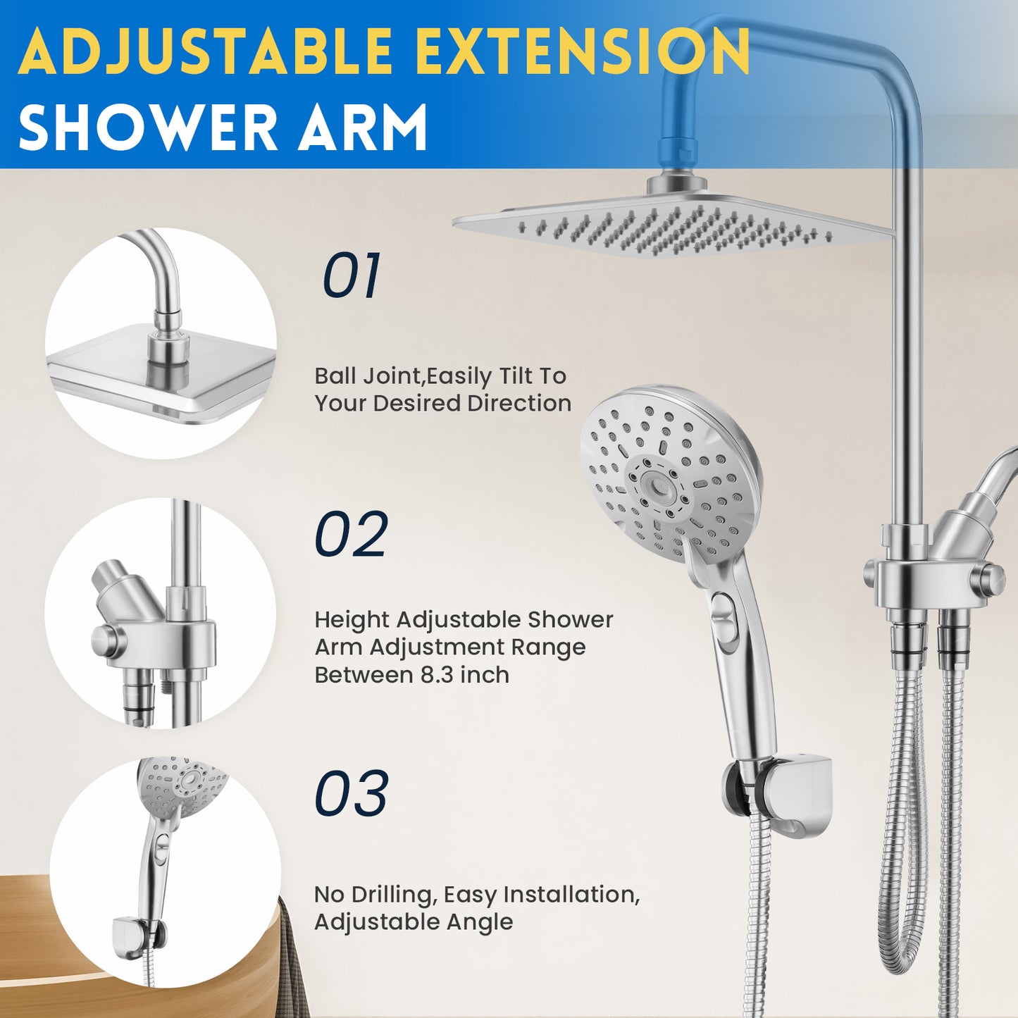 RYAMEN Dual Shower Head Combo, 8'' High Pressure Rain/Rainfall Shower Head 2.5 GPM (Except California),5 Settings Adjustable Handheld Showers,with 15" Height Adjustable Slide Bar,Holder/Hose, Angle Adjustable, Chrome