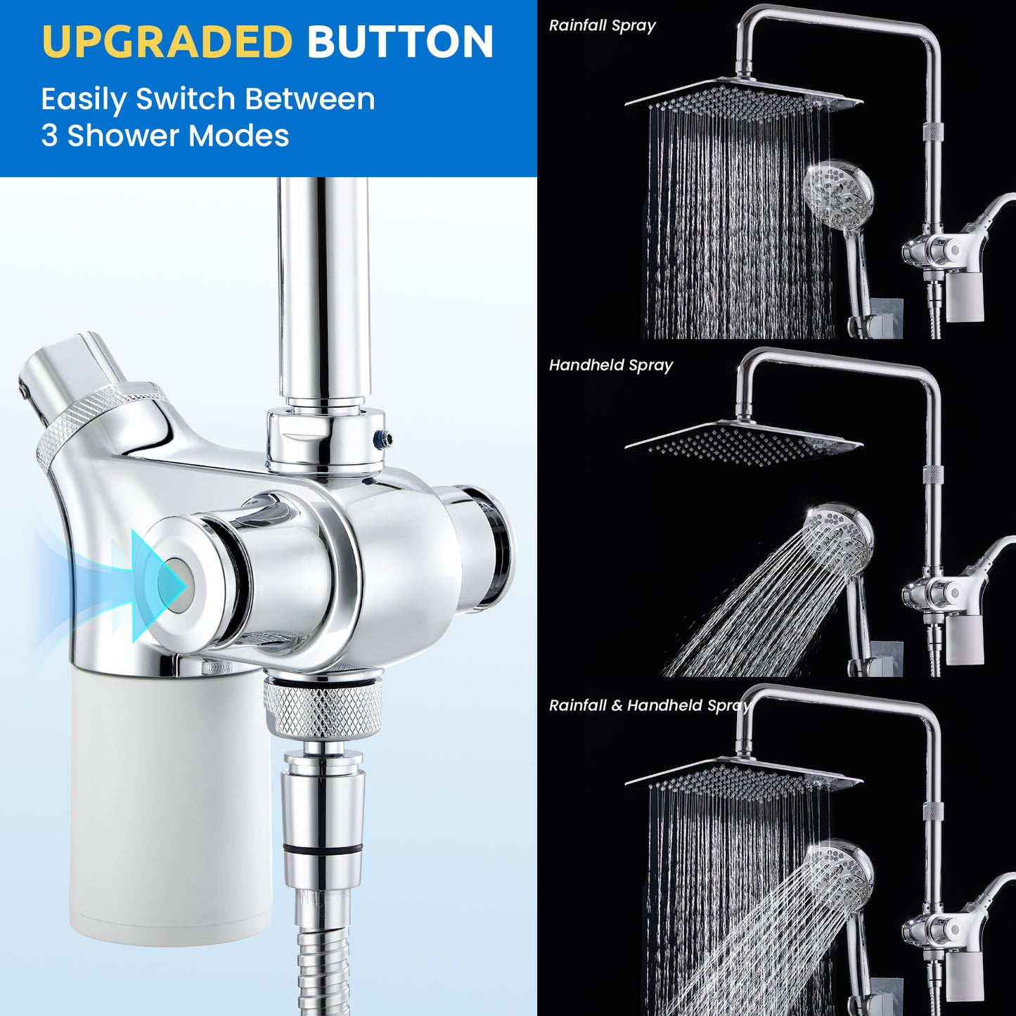 10-Inch RYAMEN Upgraded Dual Shower Heads Combo, 10 inch Filtered Shower Head with Handheld, 3-Way Rain Shower Head with Filters 2.5 GPM (Except California), 7 Settings Handheld Spray, High Pressure, Height Adjustable (Black)/(Chrome Silver)