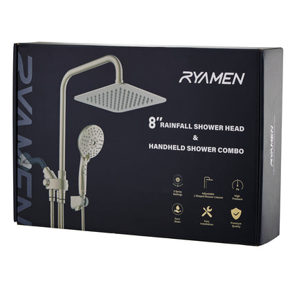 Ryamen Dual Shower Head Combo, Brushed Nickel 8'' High Pressure Rain/Rainfall Shower Head,5 Settings Adjustable Handheld Showers,with 15" Height Adjustable Slide Bar,Holder/59’‘ Hose