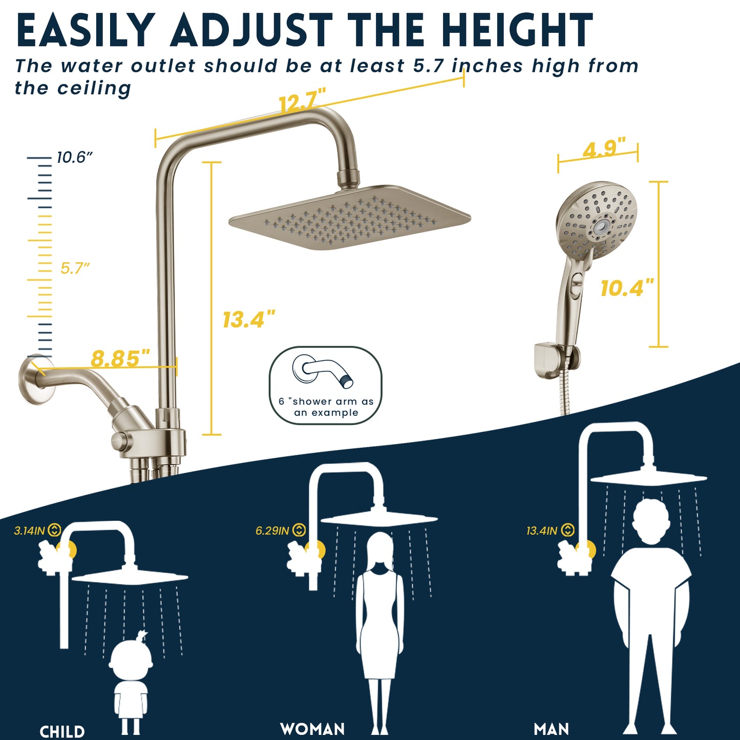 8-Inch RYAMEN Dual Shower Head Combo, Brushed Nickel 8'' High Pressure Rain/Rainfall Shower Head 2.5 GPM (Besides California),5 Settings Adjustable Handheld Showers,with 15" Height Adjustable Slide Bar,Holder/59’‘ Hose