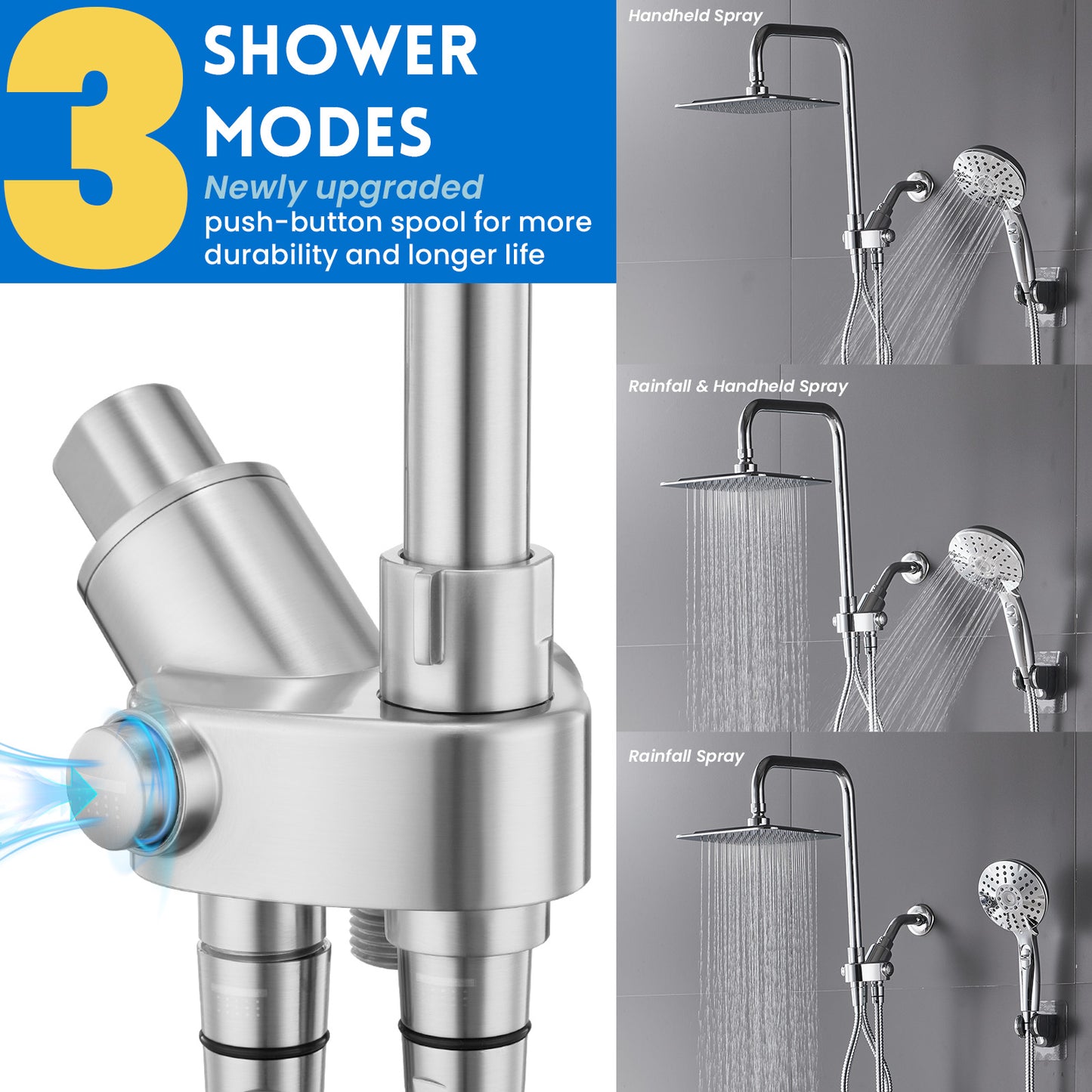 RYAMEN Dual Shower Head Combo, 8'' High Pressure Rain/Rainfall Shower Head 2.5 GPM (Except California),5 Settings Adjustable Handheld Showers,with 15" Height Adjustable Slide Bar,Holder/Hose, Angle Adjustable, Chrome
