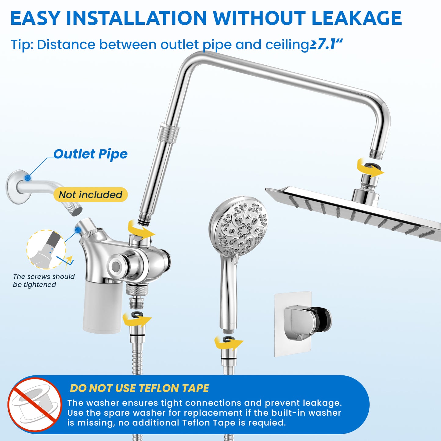 10-Inch RYAMEN Upgraded Dual Shower Heads Combo, 10 inch Filtered Shower Head with Handheld, 3-Way Rain Shower Head with Filters 2.5 GPM (Except California), 7 Settings Handheld Spray, High Pressure, Height Adjustable (Black)/(Chrome Silver)