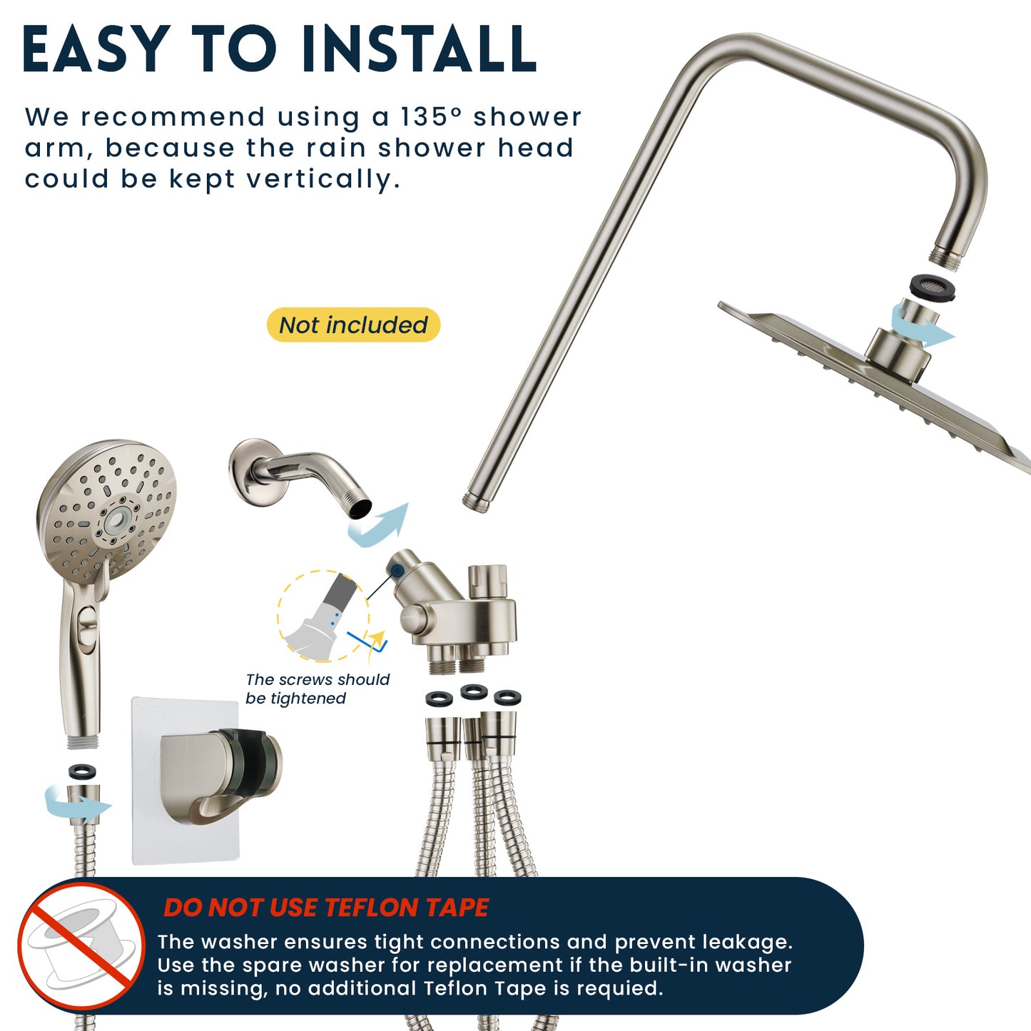 8-Inch RYAMEN Dual Shower Head Combo, Brushed Nickel 8'' High Pressure Rain/Rainfall Shower Head 2.5 GPM (Besides California),5 Settings Adjustable Handheld Showers,with 15" Height Adjustable Slide Bar,Holder/59’‘ Hose