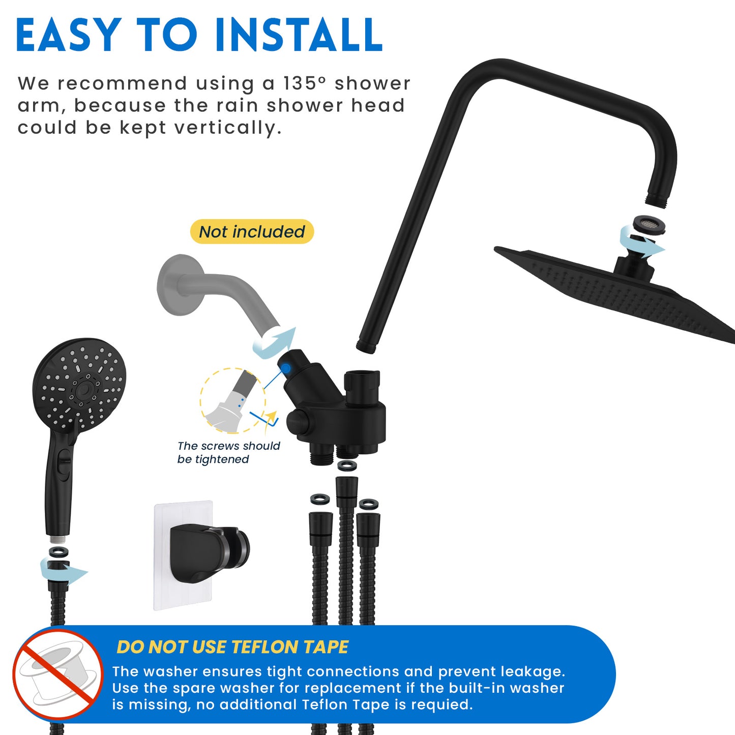8-Inch RYAMEN Dual Shower Head Combo, Black and Oil Rubbed Bronze 8'' High Pressure Rain/Rainfall Shower Head 2.5 GPM (Except California),5 Settings Adjustable Handheld Showers,with 15" Height Adjustable Slide Bar,Holder/Hose