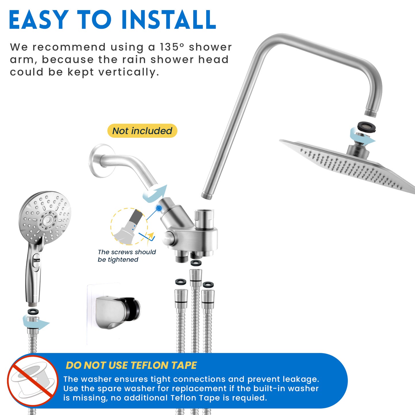 RYAMEN Dual Shower Head Combo, 8'' High Pressure Rain/Rainfall Shower Head 2.5 GPM (Except California),5 Settings Adjustable Handheld Showers,with 15" Height Adjustable Slide Bar,Holder/Hose, Angle Adjustable, Chrome