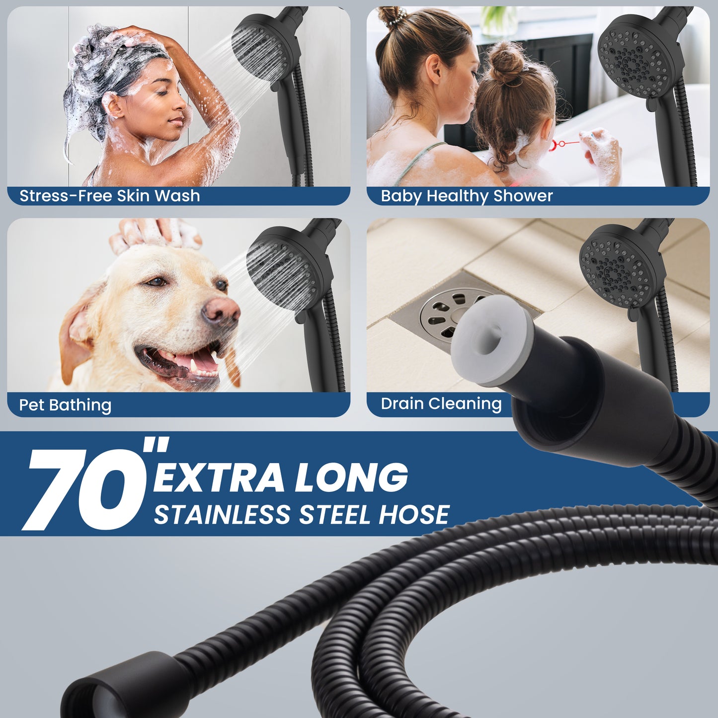 Magnetic Shower Head with Handheld, High Pressure - 6 Spray Modes Handheld Shower Head, Eco-Friendly Magnetic Docking System, 70" Stainless Steel Hose, Tool Free Installation, Matte Black