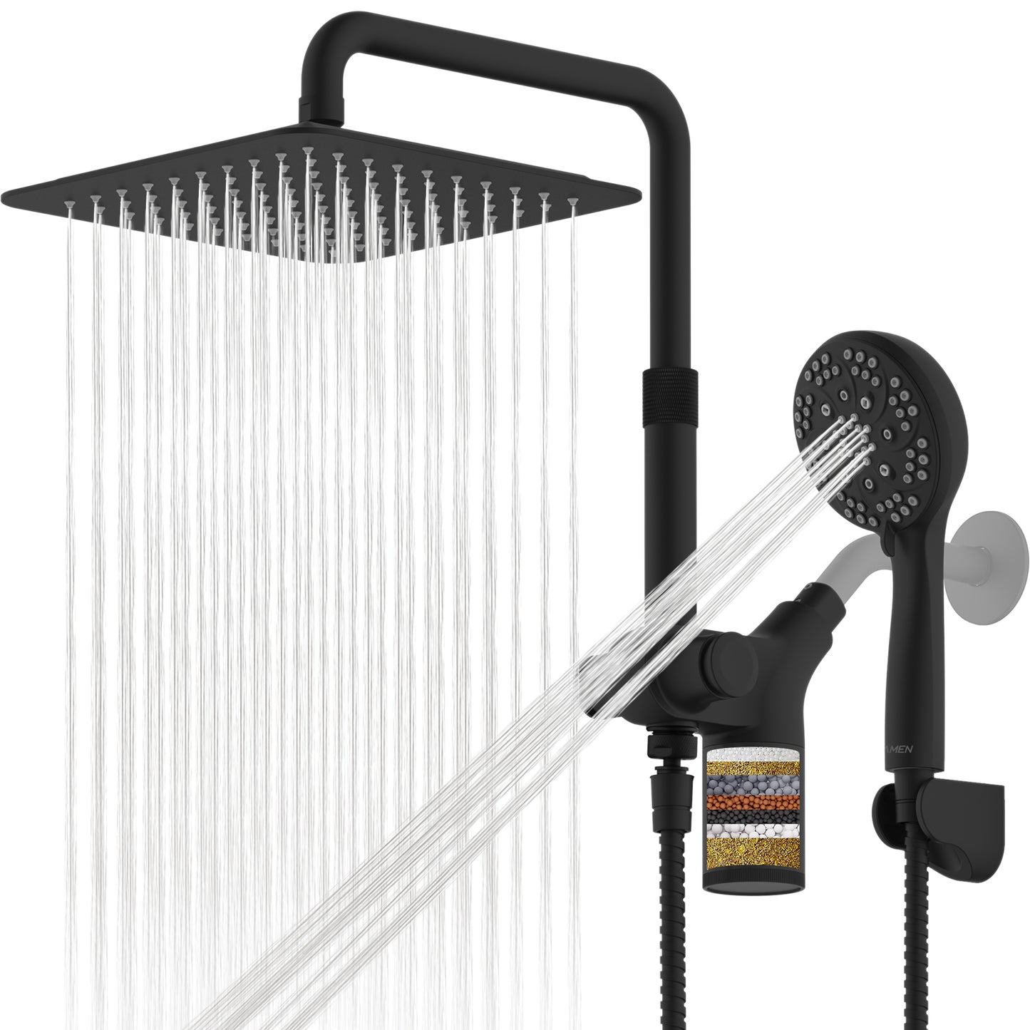 10-Inch RYAMEN Upgraded Dual Shower Heads Combo, 10 inch Filtered Shower Head with Handheld, 3-Way Rain Shower Head with Filters 2.5 GPM (Except California), 7 Settings Handheld Spray, High Pressure, Height Adjustable (Black)/（Chrome Silver）