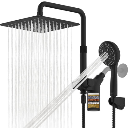 10-Inch RYAMEN Upgraded Dual Shower Heads Combo, 10 inch Filtered Shower Head with Handheld, 3-Way Rain Shower Head with Filters 2.5 GPM (Except California), 7 Settings Handheld Spray, High Pressure, Height Adjustable (Black)/（Chrome Silver）