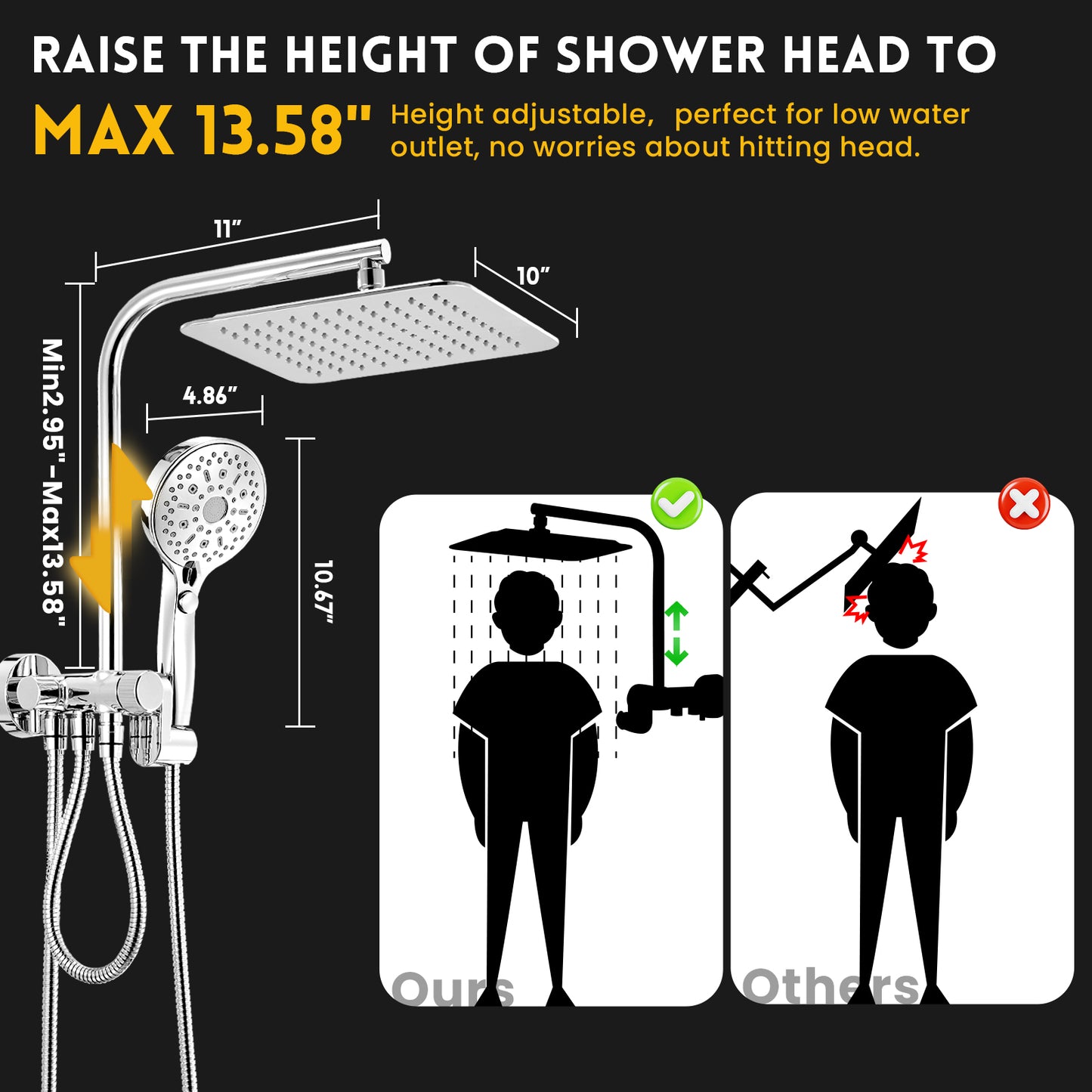 RYAMEN Rainfall Shower/10 Inch Rain Head with High Pressure Handheld Spray, Dual Shower Head with Height Adjustable Slide Bar, Holder/Hose