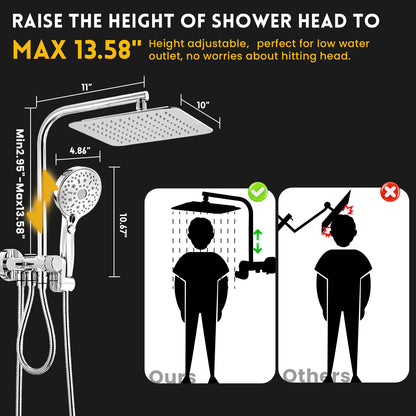 RYAMEN Rainfall Shower/10 Inch Rain Head with High Pressure Handheld Spray, Dual Shower Head with Height Adjustable Slide Bar, Holder/Hose