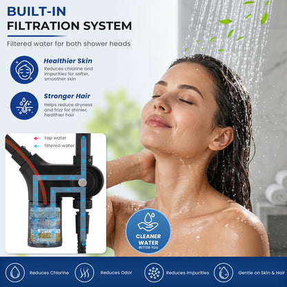 10-Inch RYAMEN Upgraded Dual Shower Heads Combo, 10 inch Filtered Shower Head with Handheld, 3-Way Rain Shower Head with Filters 2.5 GPM (Except California), 7 Settings Handheld Spray, High Pressure, Height Adjustable (Black)/（Chrome Silver）