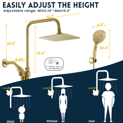 RYAMEN Dual Shower Head Combo, Gold 8'' High Pressure Rain/Rainfall Shower Head 2.5 GPM (Except California),5 Settings Adjustable Handheld Showers,with 15" Height Adjustable Slide Bar,Holder/59’‘ Hose