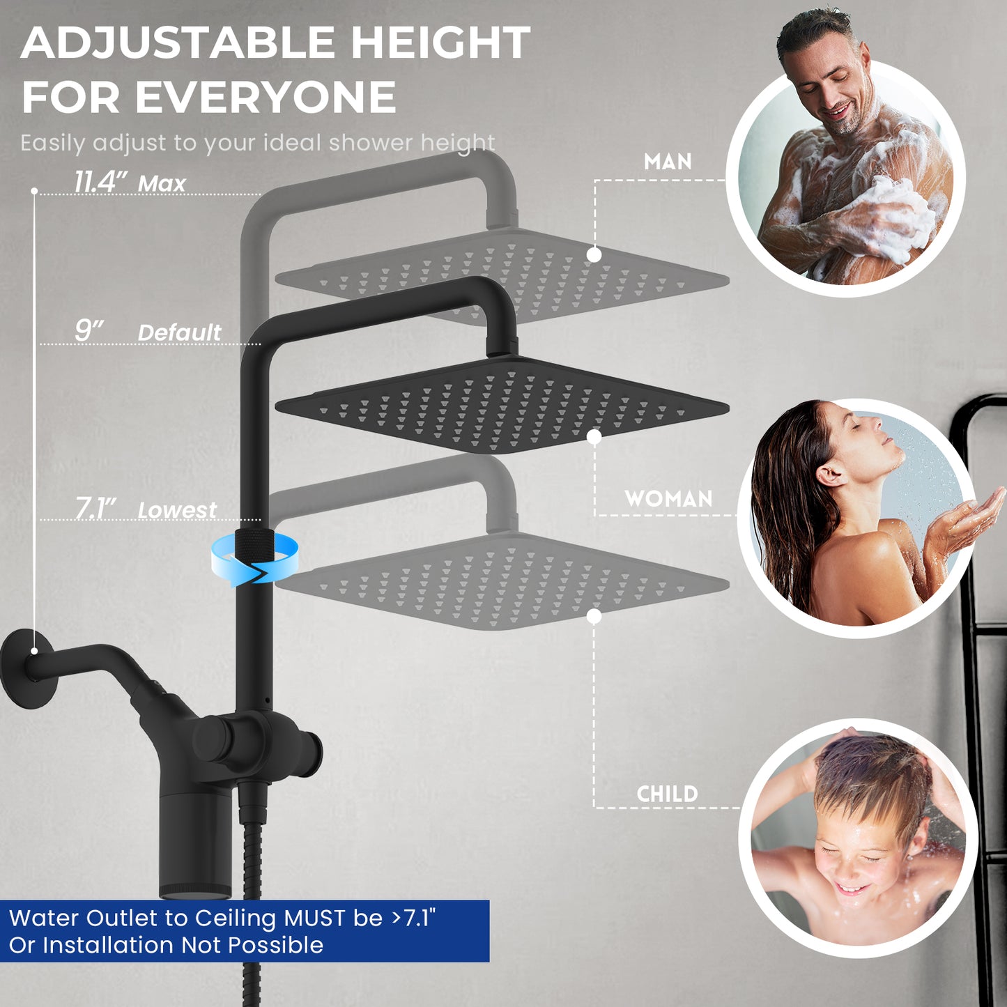 10-Inch RYAMEN Upgraded Dual Shower Heads Combo, 10 inch Filtered Shower Head with Handheld, 3-Way Rain Shower Head with Filters 2.5 GPM (Except California), 7 Settings Handheld Spray, High Pressure, Height Adjustable (Black)/（Chrome Silver）