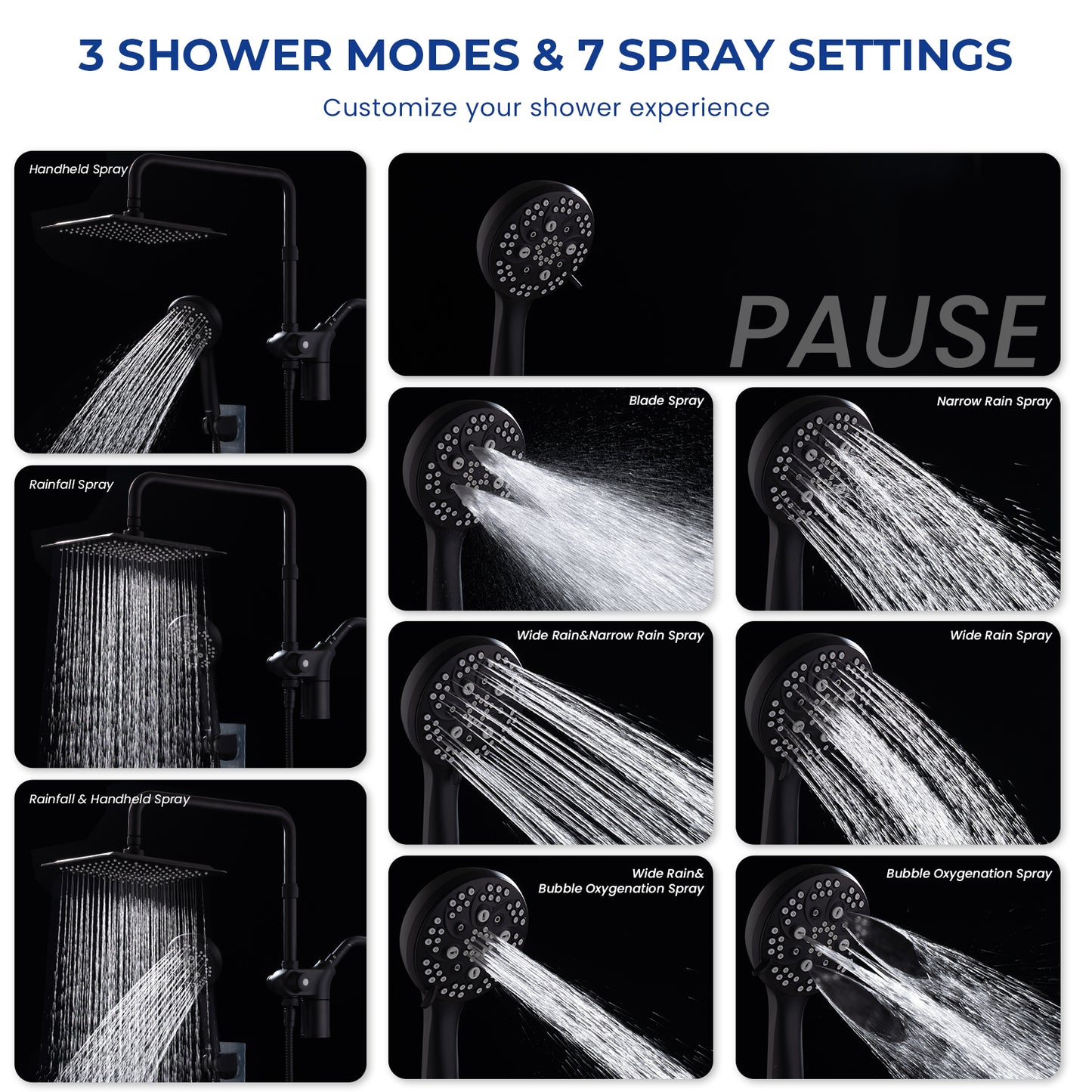 10-Inch RYAMEN Upgraded Dual Shower Heads Combo, 10 inch Filtered Shower Head with Handheld, 3-Way Rain Shower Head with Filters 2.5 GPM (Except California), 7 Settings Handheld Spray, High Pressure, Height Adjustable (Black)/（Chrome Silver）