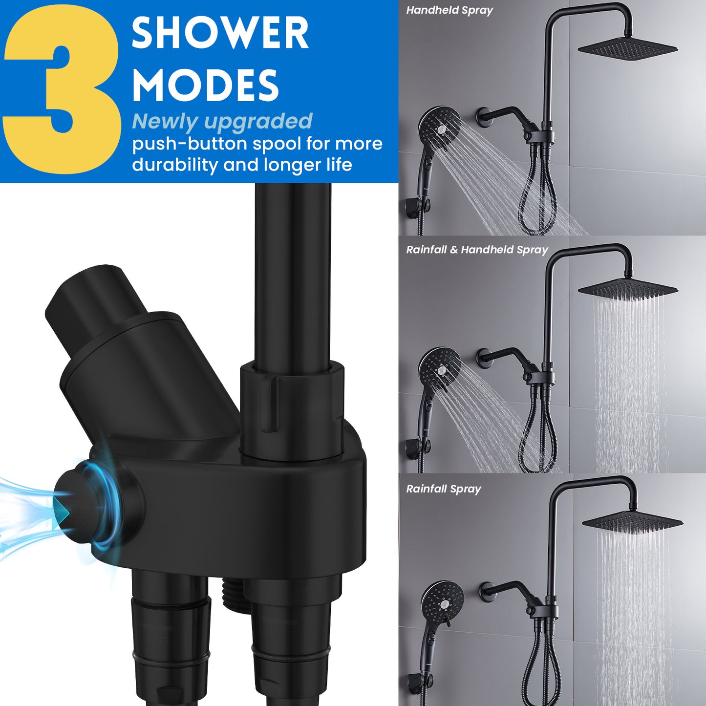 RYAMEN Dual Shower Head Combo, Black and Oil Rubbed Bronze 8'' High Pressure Rain/Rainfall Shower Head 2.5 GPM (Except California),5 Settings Adjustable Handheld Showers,with 15" Height Adjustable Slide Bar,Holder/Hose