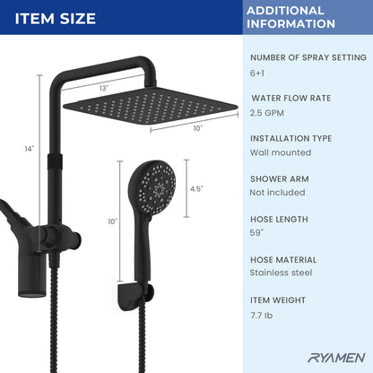 10-Inch RYAMEN Upgraded Dual Shower Heads Combo, 10 inch Filtered Shower Head with Handheld, 3-Way Rain Shower Head with Filters 2.5 GPM (Except California), 7 Settings Handheld Spray, High Pressure, Height Adjustable (Black)/（Chrome Silver）