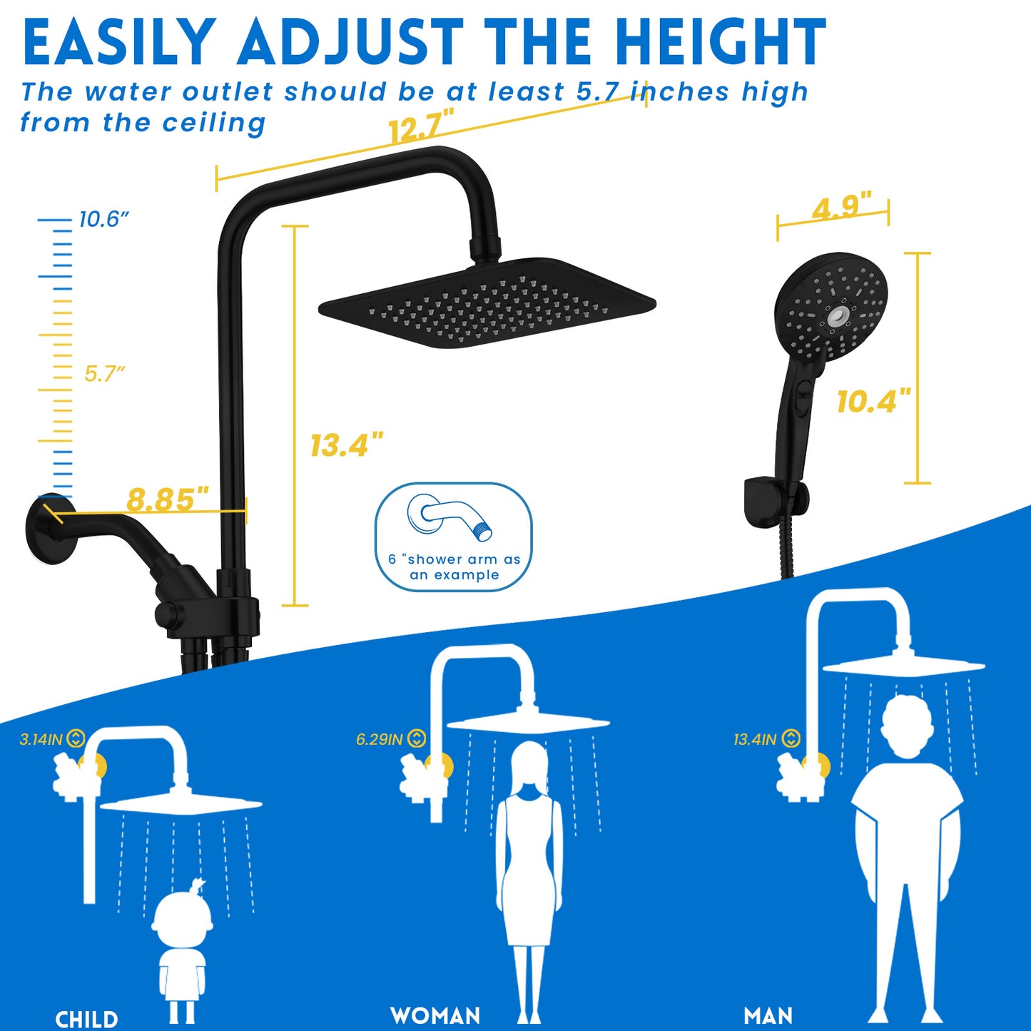 RYAMEN Dual Shower Head Combo, Black and Oil Rubbed Bronze 8'' High Pressure Rain/Rainfall Shower Head 2.5 GPM (Except California),5 Settings Adjustable Handheld Showers,with 15" Height Adjustable Slide Bar,Holder/Hose