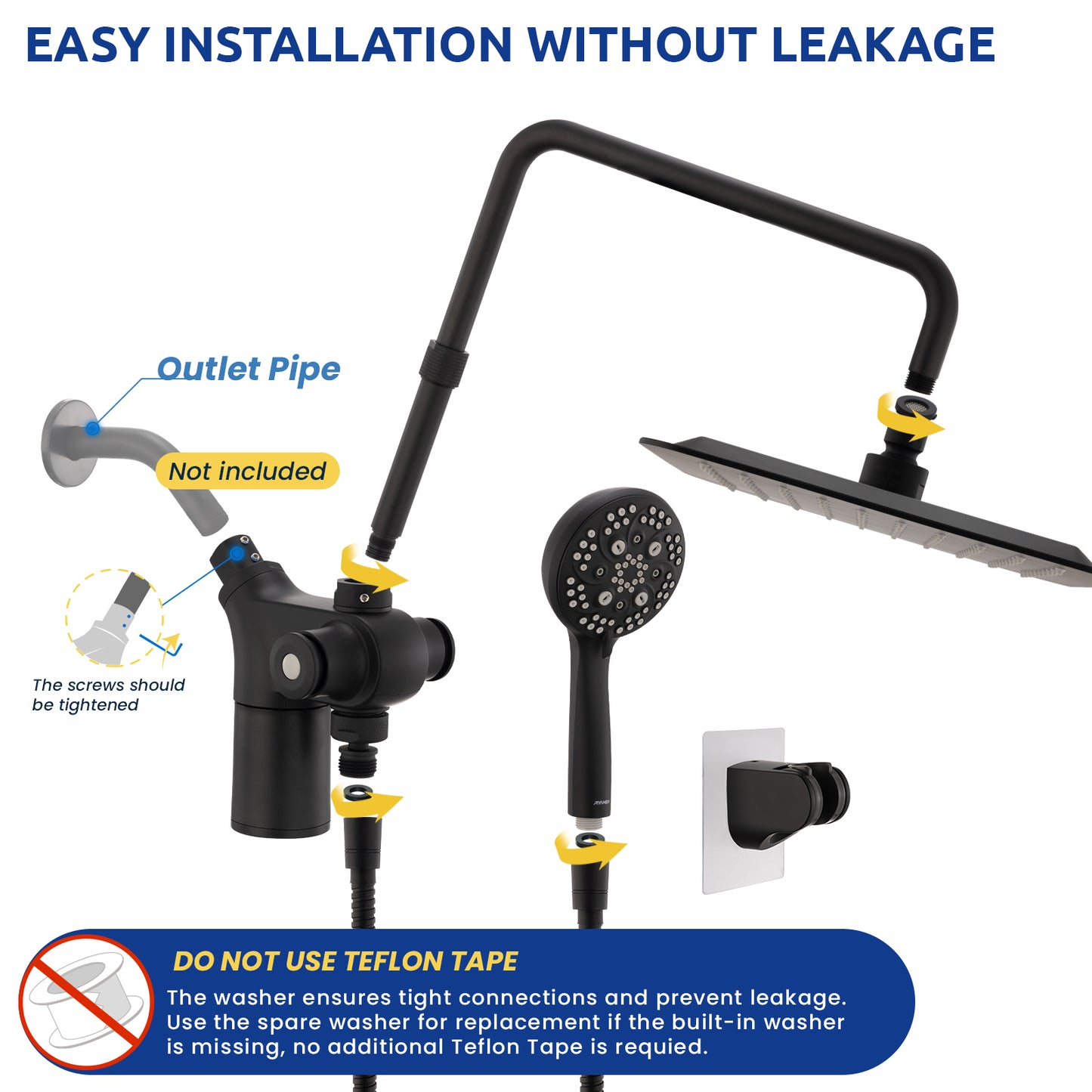 10-Inch RYAMEN Upgraded Dual Shower Heads Combo, 10 inch Filtered Shower Head with Handheld, 3-Way Rain Shower Head with Filters 2.5 GPM (Except California), 7 Settings Handheld Spray, High Pressure, Height Adjustable (Black)/（Chrome Silver）