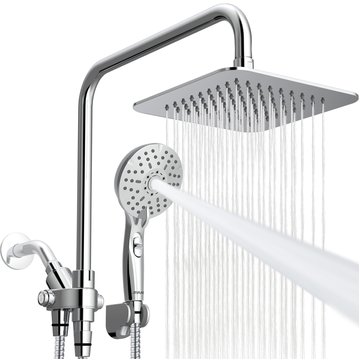 8-Inch RYAMEN Dual Shower Head Combo, 8'' High Pressure Rain/Rainfall Shower Head 2.5 GPM  (Except California),5 Settings Adjustable Handheld Showers,with 15" Height Adjustable Slide Bar,Holder/Hose, Angle Adjustable, Chrome