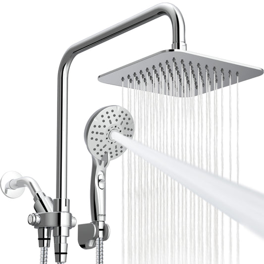 8-Inch RYAMEN Dual Shower Head Combo, 8'' High Pressure Rain/Rainfall Shower Head 2.5 GPM  (Except California),5 Settings Adjustable Handheld Showers,with 15" Height Adjustable Slide Bar,Holder/Hose, Angle Adjustable, Chrome