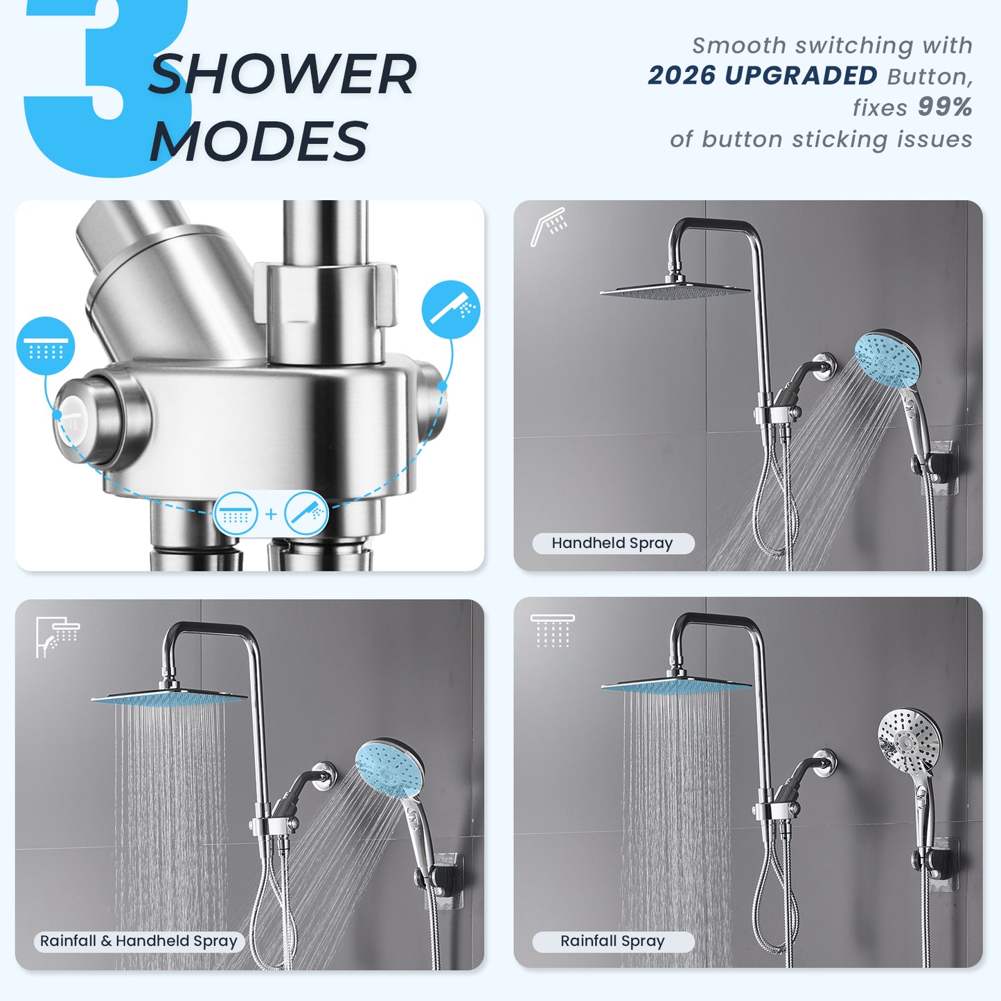 8-Inch RYAMEN Dual Shower Head Combo, 8'' High Pressure Rain/Rainfall Shower Head 2.5 GPM  (Except California),5 Settings Adjustable Handheld Showers,with 15" Height Adjustable Slide Bar,Holder/Hose, Angle Adjustable, Chrome
