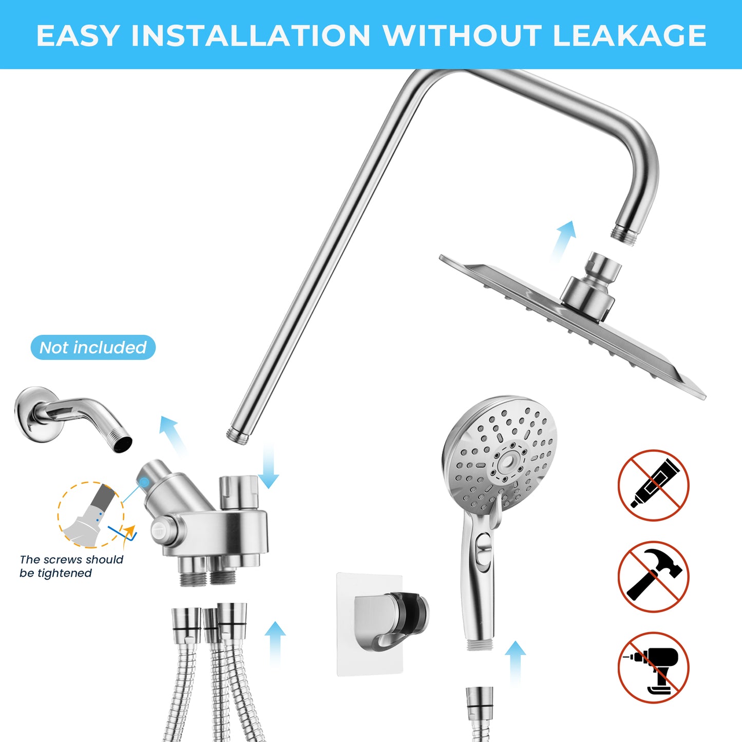 8-Inch RYAMEN Dual Shower Head Combo, 8'' High Pressure Rain/Rainfall Shower Head 2.5 GPM  (Except California),5 Settings Adjustable Handheld Showers,with 15" Height Adjustable Slide Bar,Holder/Hose, Angle Adjustable, Chrome