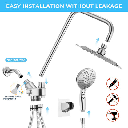8-Inch RYAMEN Dual Shower Head Combo, 8'' High Pressure Rain/Rainfall Shower Head 2.5 GPM  (Except California),5 Settings Adjustable Handheld Showers,with 15" Height Adjustable Slide Bar,Holder/Hose, Angle Adjustable, Chrome