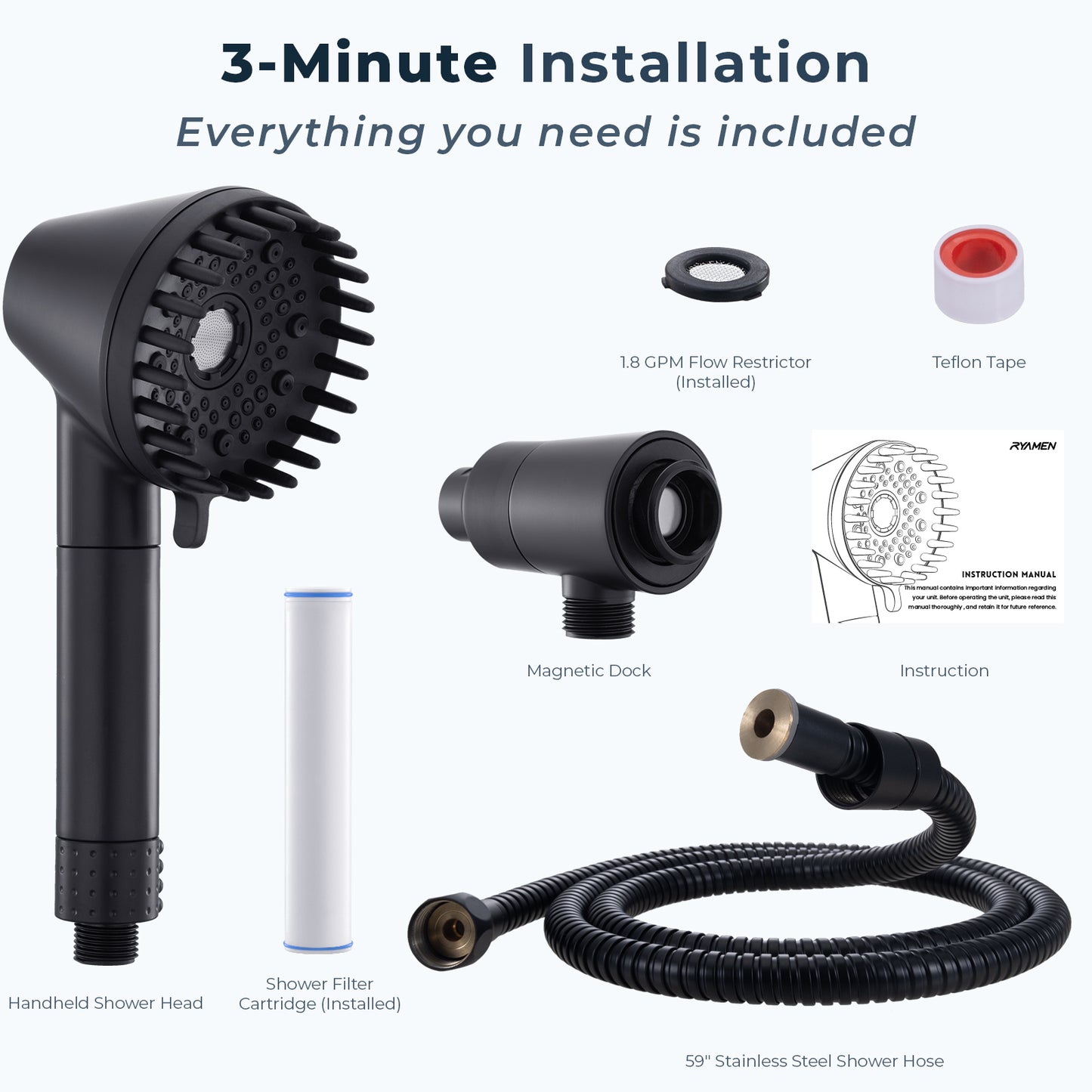 Ryamen 2026 Filtered Magnetic Shower Head with Handheld– High Pressure Showerhead with Power Wash Mode, Chlorine Removal, Massage Brush, Pressure Adjustable, One-Touch Pause & Stainless Steel Hose