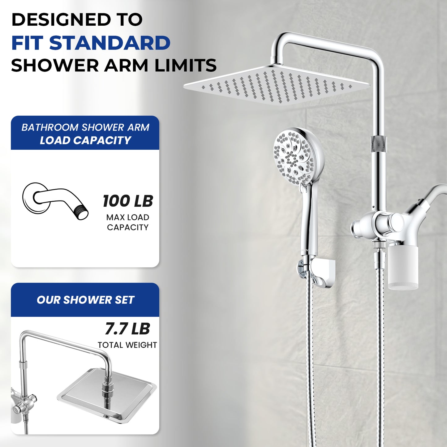 10-Inch RYAMEN Upgraded Dual Shower Heads Combo, 10 inch Filtered Shower Head with Handheld, 3-Way Rain Shower Head with Filters 2.5 GPM (Except California), 7 Settings Handheld Spray, High Pressure, Height Adjustable (Black)/（Chrome Silver）