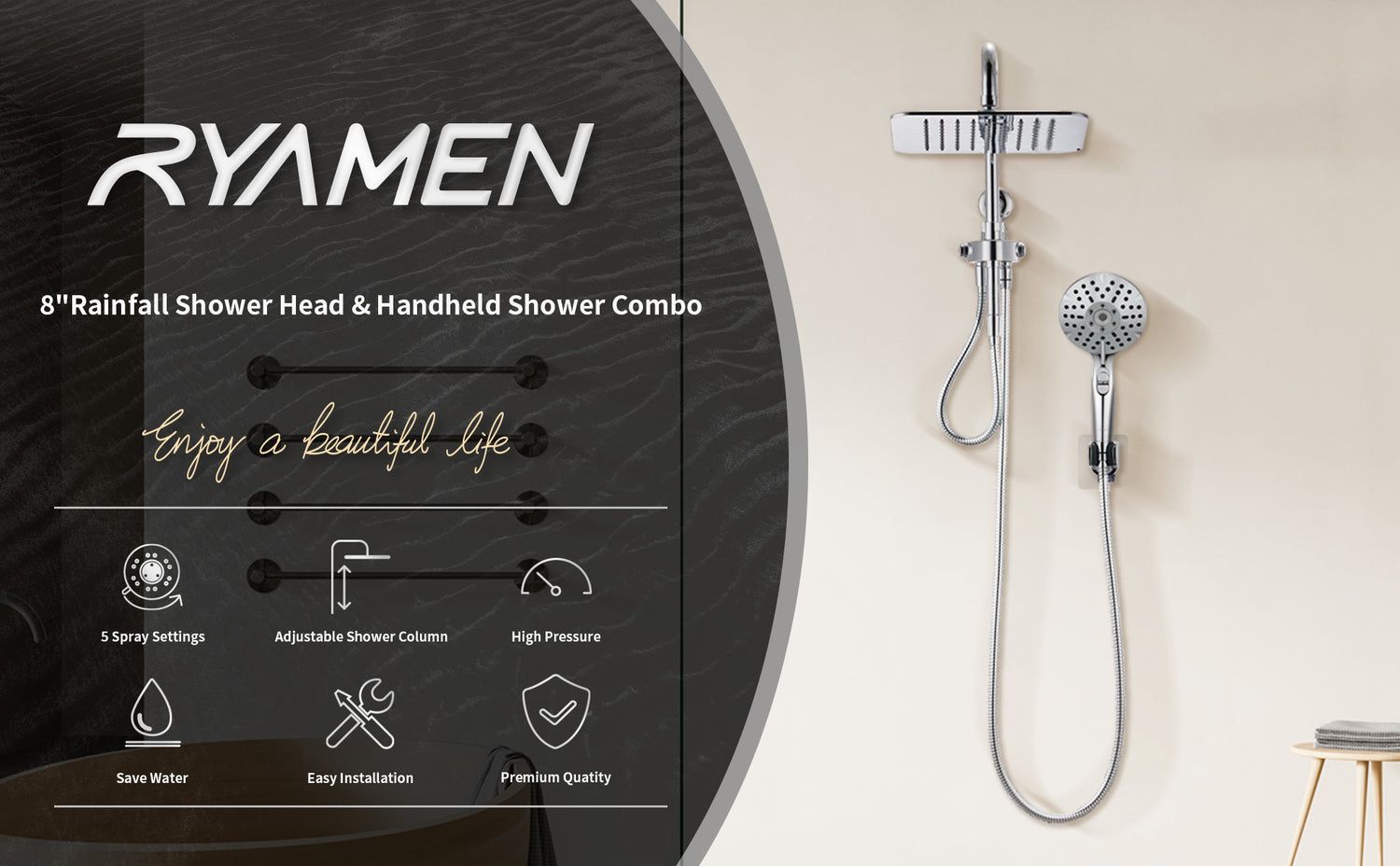 Ryamen Dual Shower Head Combo, 8'' High Pressure Rain/Rainfall Shower