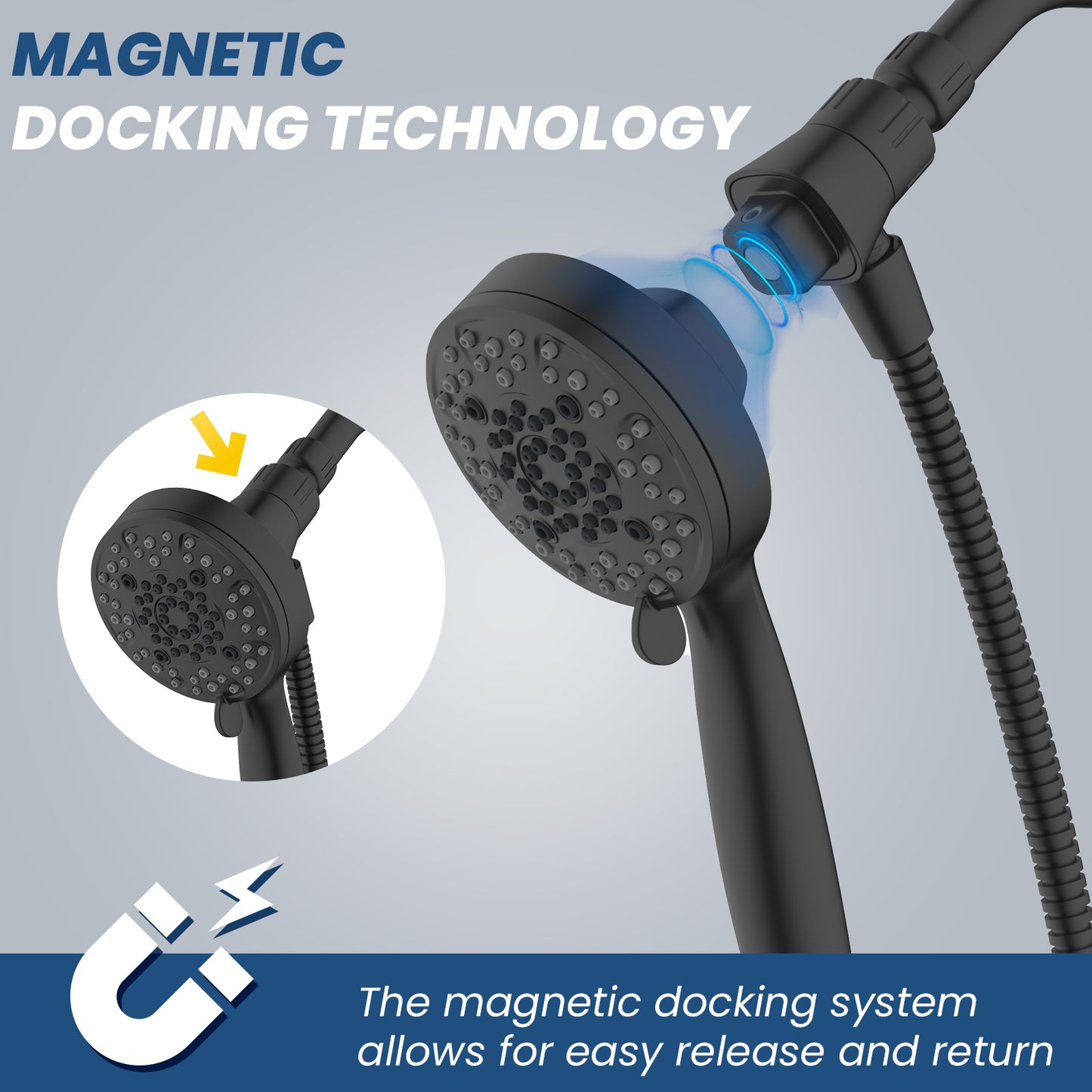 Magnetic Shower Head with Handheld, High Pressure - 6 Spray Modes Handheld Shower Head, Eco-Friendly Magnetic Docking System, 70" Stainless Steel Hose, Tool Free Installation, Matte Black