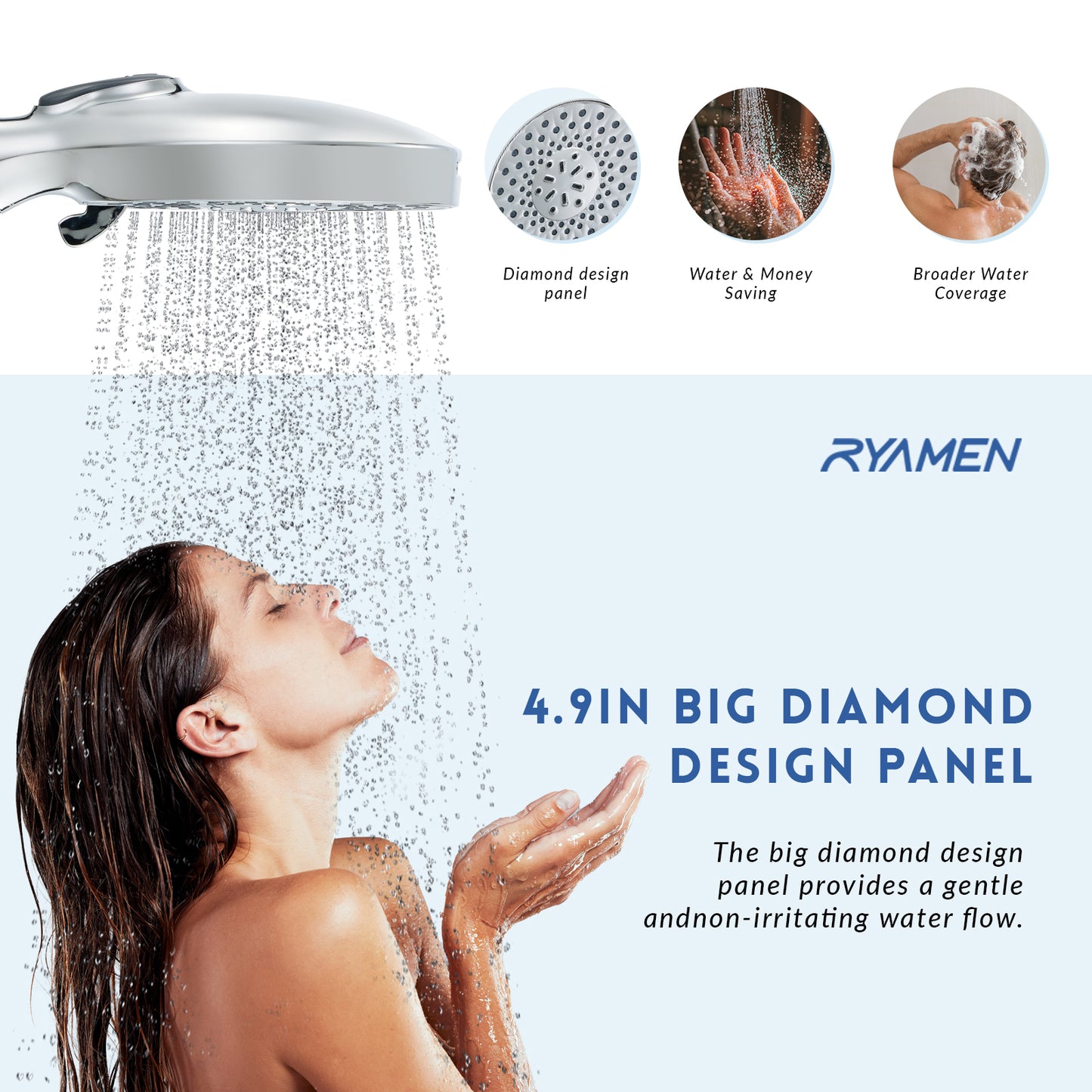 Ryamen Filtered Shower Head with Handheld，High Pressure 9 Spray Mode Showerhead with Hose,Bracket and Minerals Stones Replacement Filters for Hard Water,Anti-clog & Powerful to Clean