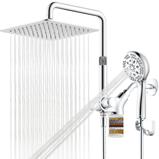 10-Inch RYAMEN Upgraded Dual Shower Heads Combo, 10 inch Filtered Shower Head with Handheld, 3-Way Rain Shower Head with Filters 2.5 GPM (Except California), 7 Settings Handheld Spray, High Pressure, Height Adjustable (Black)/（Chrome Silver）