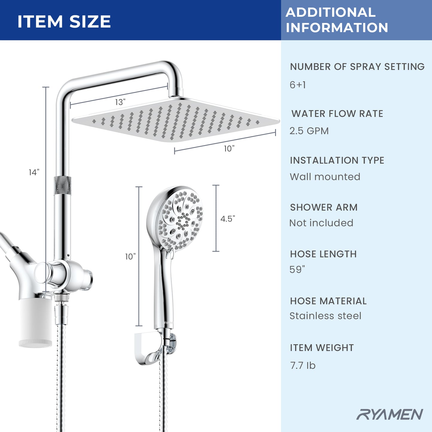10-Inch RYAMEN Upgraded Dual Shower Heads Combo, 10 inch Filtered Shower Head with Handheld, 3-Way Rain Shower Head with Filters 2.5 GPM (Except California), 7 Settings Handheld Spray, High Pressure, Height Adjustable (Black)/（Chrome Silver）