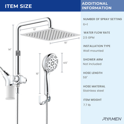 10-Inch RYAMEN Upgraded Dual Shower Heads Combo, 10 inch Filtered Shower Head with Handheld, 3-Way Rain Shower Head with Filters 2.5 GPM (Except California), 7 Settings Handheld Spray, High Pressure, Height Adjustable (Black)/（Chrome Silver）