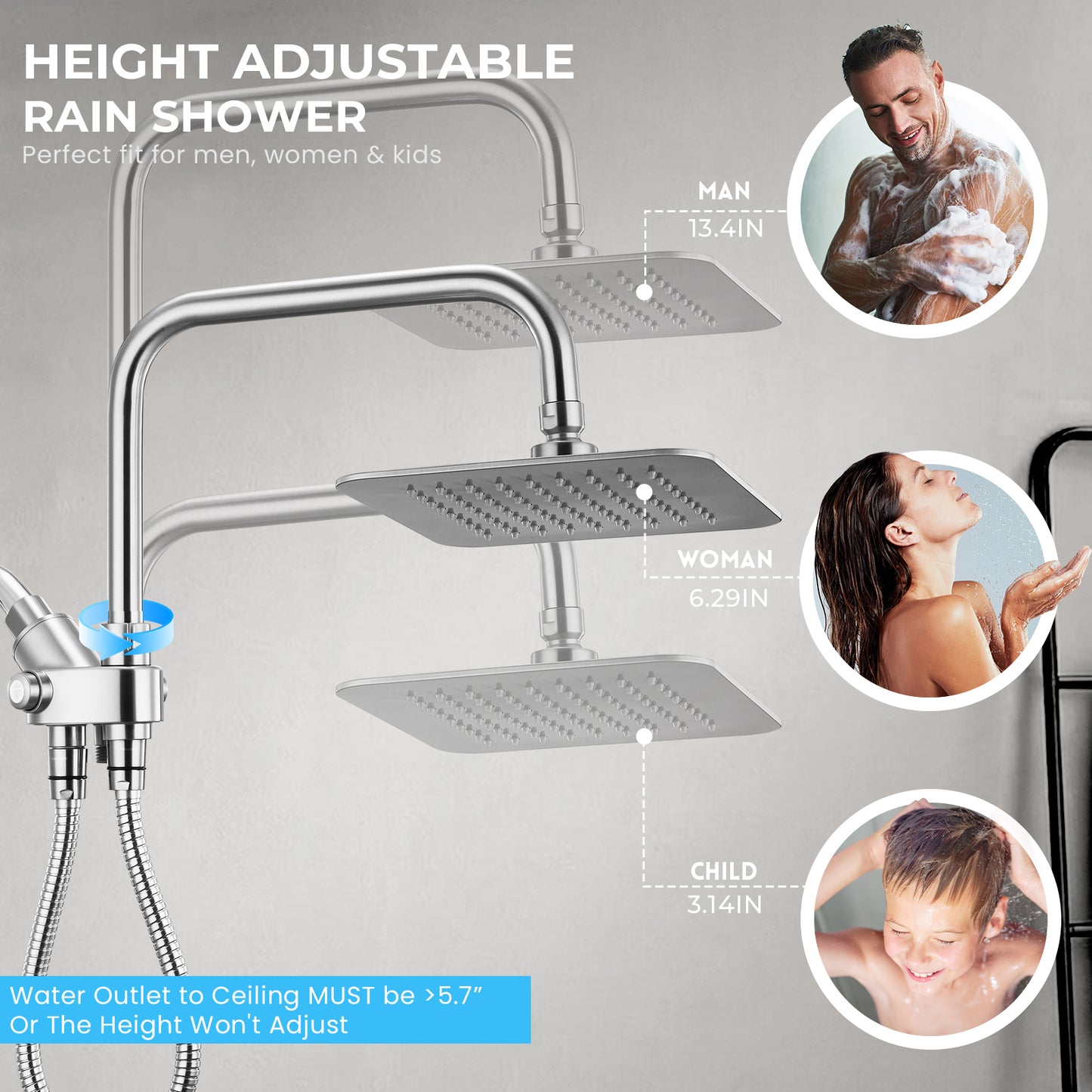 8-Inch RYAMEN Dual Shower Head Combo, 8'' High Pressure Rain/Rainfall Shower Head 2.5 GPM  (Except California),5 Settings Adjustable Handheld Showers,with 15" Height Adjustable Slide Bar,Holder/Hose, Angle Adjustable, Chrome