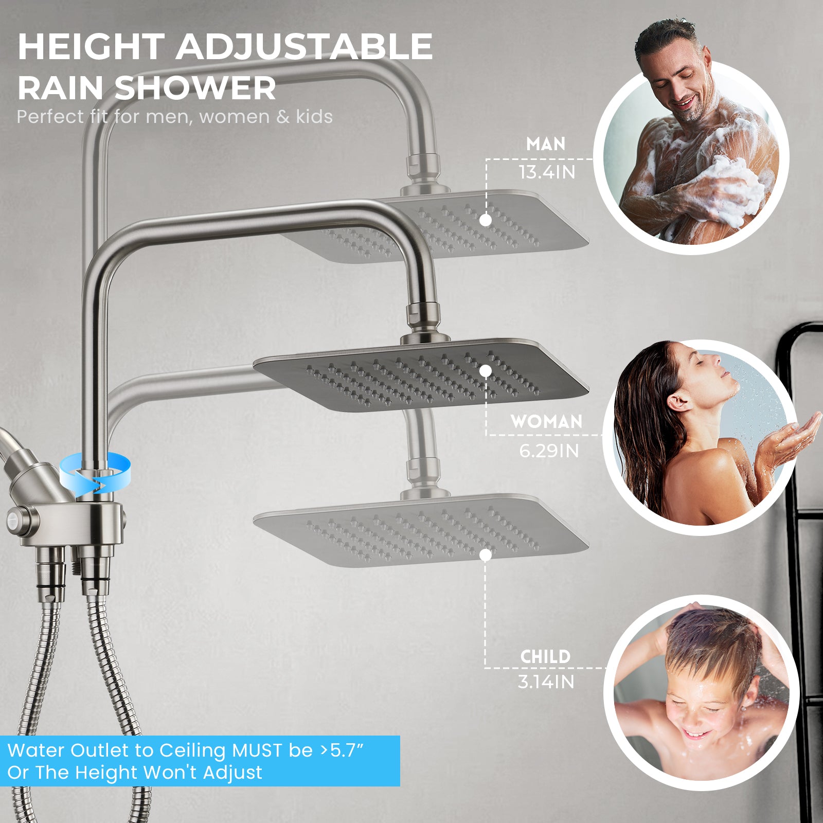 8-Inch RYAMEN Dual Shower Head Combo, Brushed Nickel 8'' High Pressure
