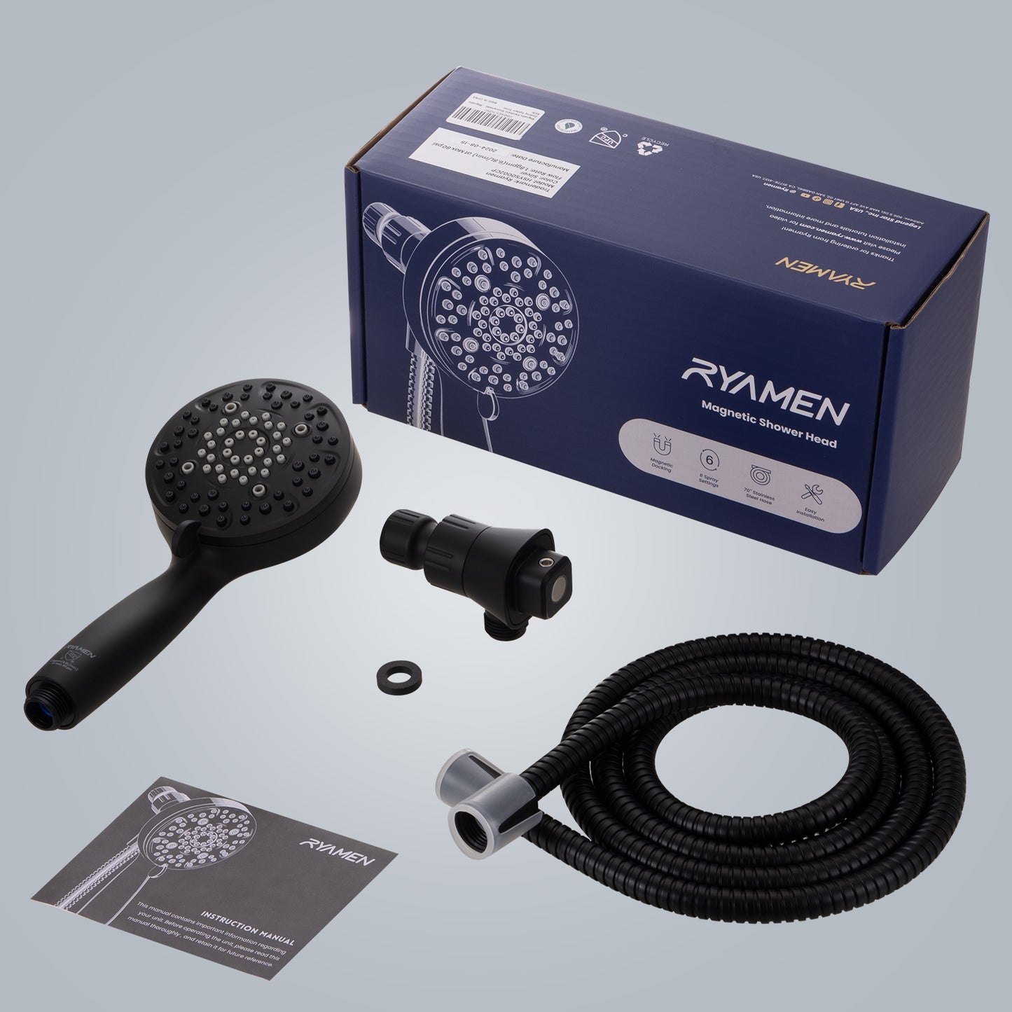 Magnetic Shower Head with Handheld, High Pressure - 6 Spray Modes Handheld Shower Head, Eco-Friendly Magnetic Docking System, 70" Stainless Steel Hose, Tool Free Installation, Matte Black